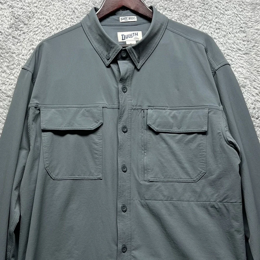 Duluth Untucked Flespedition Shirt Mens XL Gray Relaxed Fit Button Down Stretch